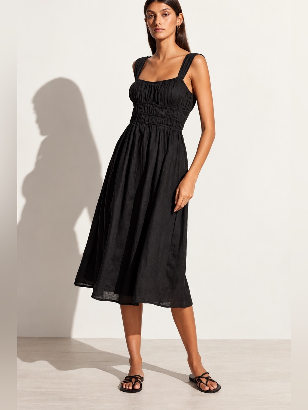 Faithfull The Brand Emory Midi Dress Black 100% Linen Smocked Bodice Size Small